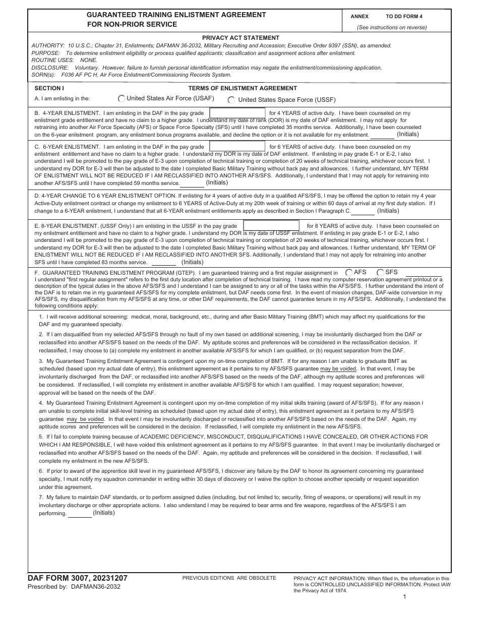 DAF Form 3007 Guaranteed Training Enlistment Agreement for Non-prior Service, Page 1