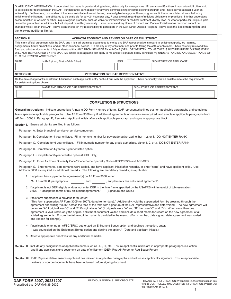 DAF Form 3007 Guaranteed Training Enlistment Agreement for Non-prior Service, Page 3