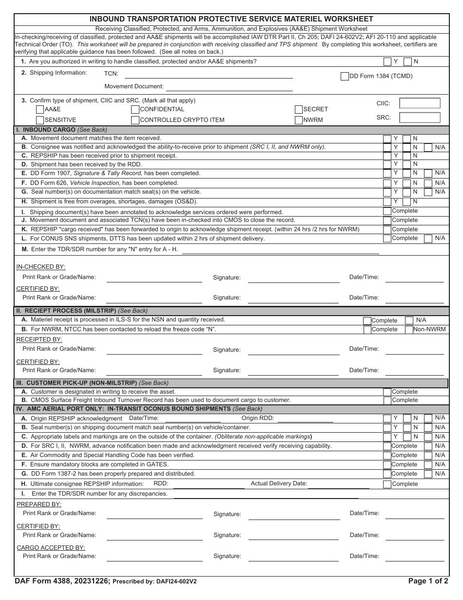 DAF Form 4388 Inbound Transportaton Protective Service Materiel Worksheet, Page 1