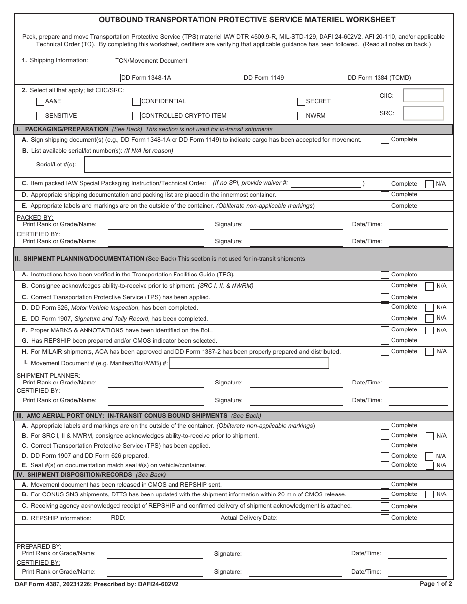 DAF Form 4387 Outbound Transportation Protective Service Materiel Worksheet, Page 1