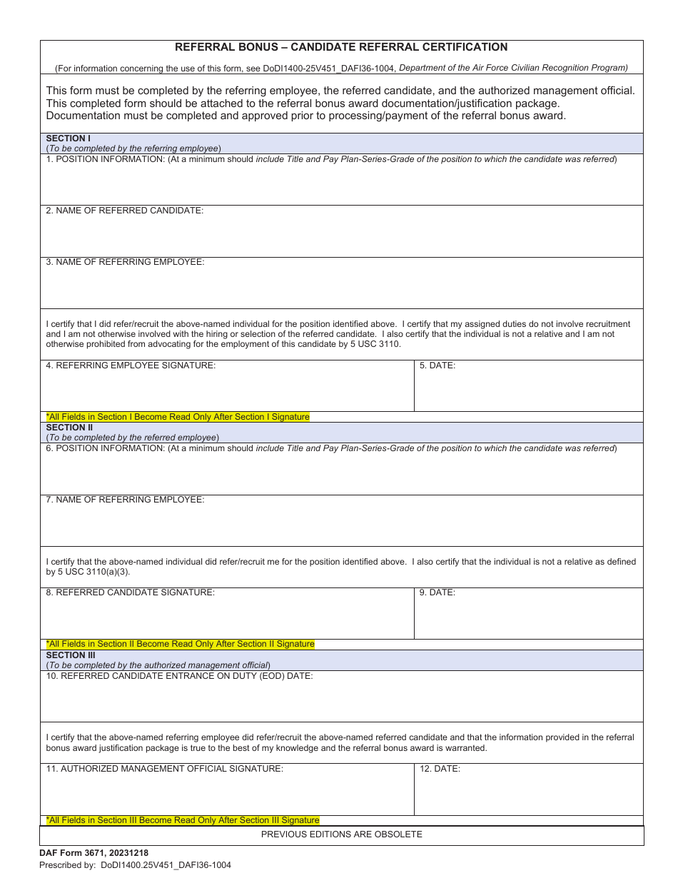 AF Form 3671 Referral Bonus - Candidate Referral Certification, Page 1