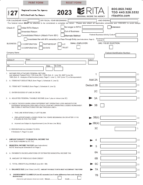 Form 27 Rita Net Profit Tax Return - Ohio, 2023
