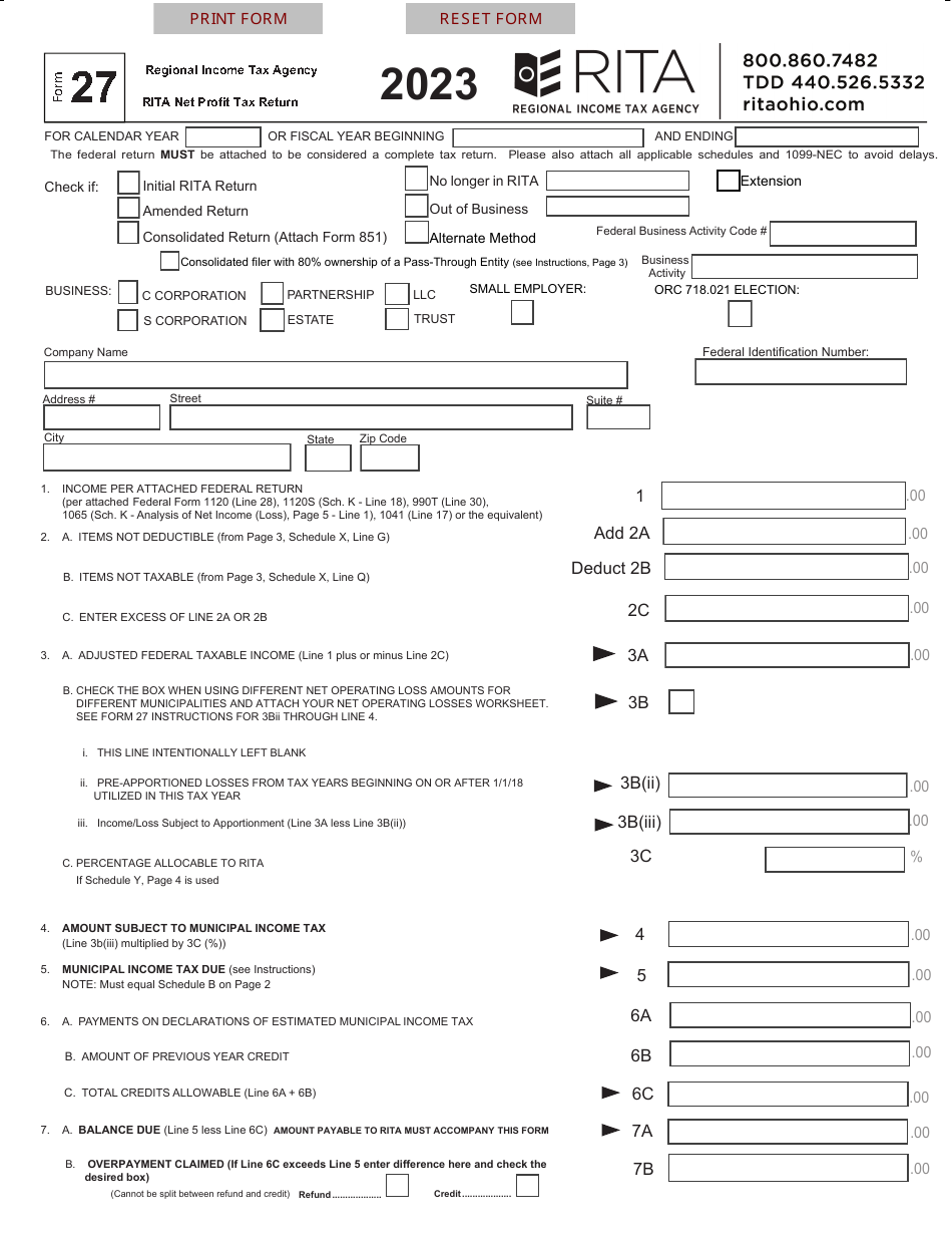 Form 27 Rita Net Profit Tax Return - Ohio, Page 1