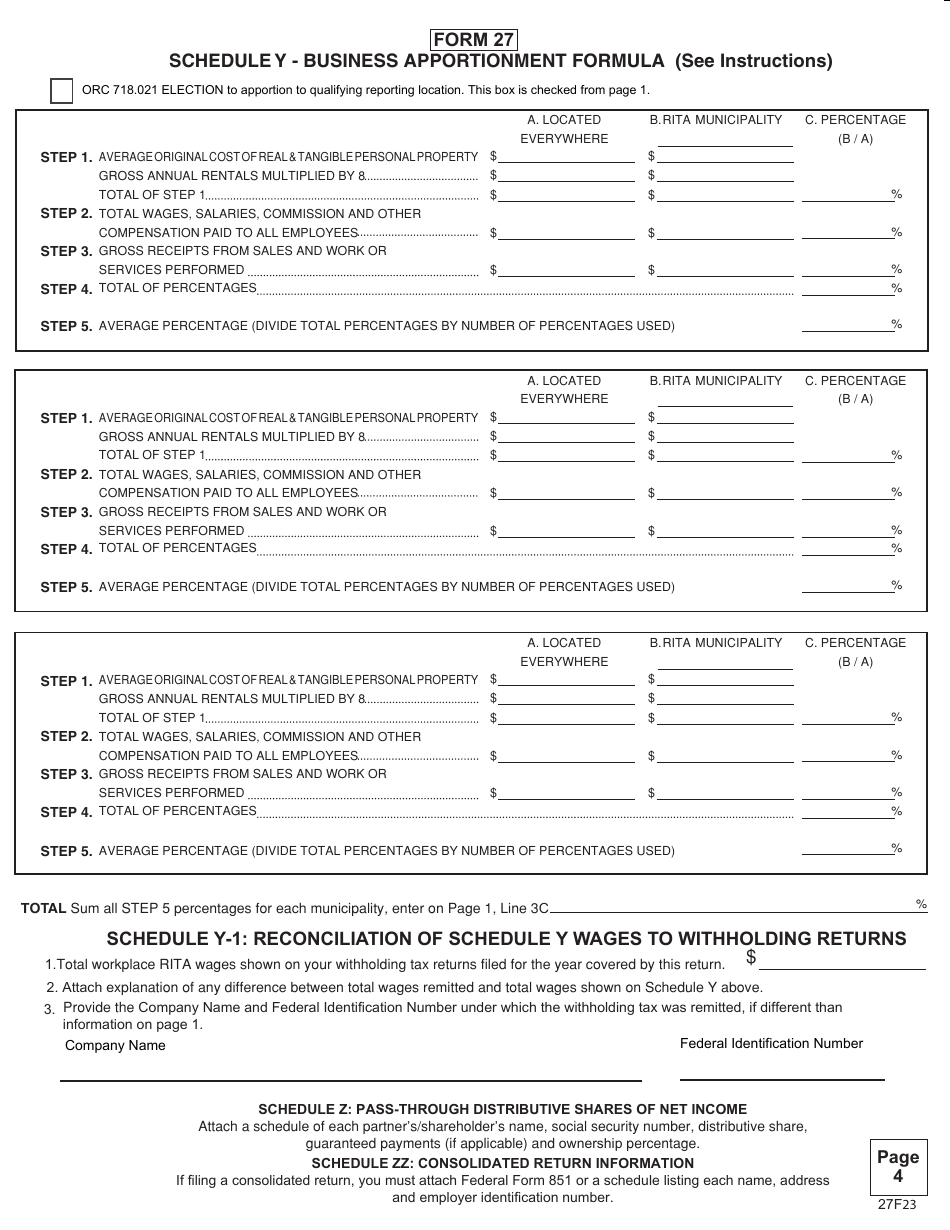 Form 27 Rita Net Profit Tax Return - Ohio, Page 4