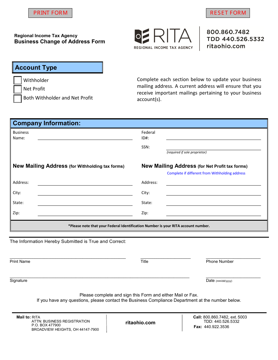 Business Change of Address Form - Ohio, Page 1