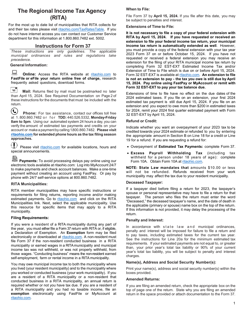 Download Instructions for Form 37 Rita Individual Tax Return PDF