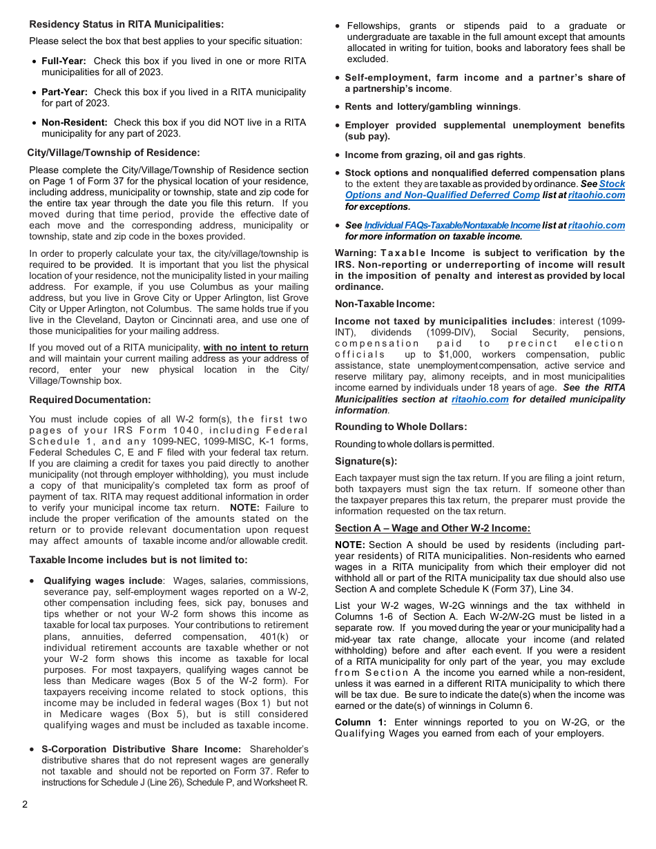 Instructions for Form 37 Rita Individual Income Tax Return - Ohio, Page 3