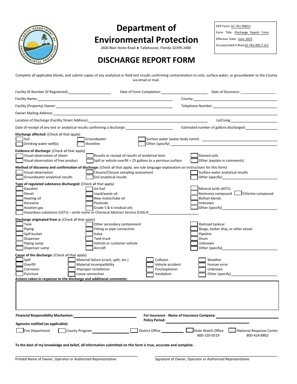 DEP Form 62-761.900(1) Discharge Report Form - Florida, Page 1