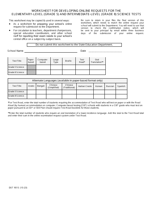 Form DET901S Worksheet for Developing Online Requests for the Elementary-Level (Grade 5) and Intermediate-Level (Grade 8) Science Tests - New York