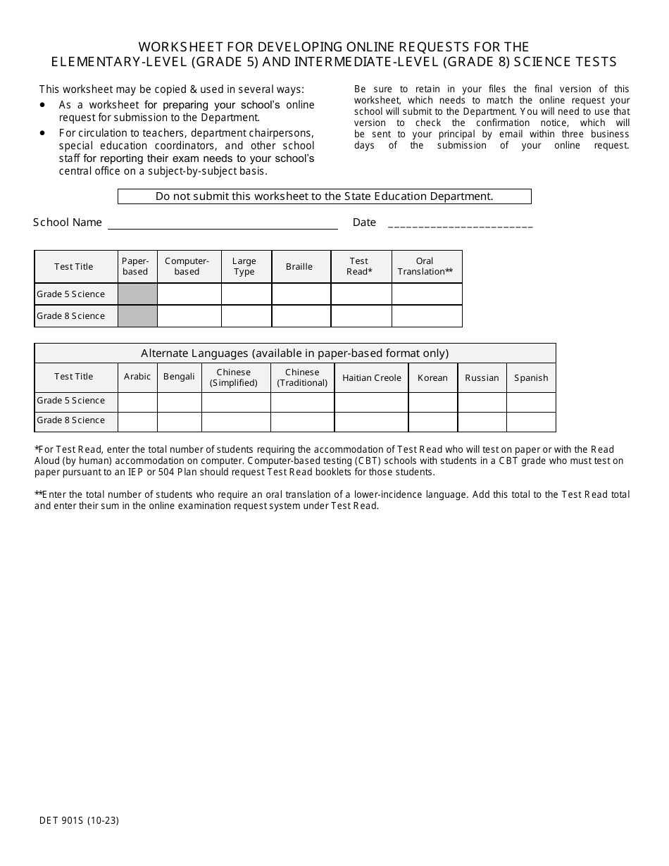 Form DET901S Worksheet for Developing Online Requests for the Elementary-Level (Grade 5) and Intermediate-Level (Grade 8) Science Tests - New York, Page 1