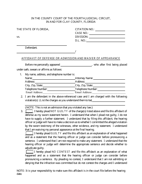 Affidavit of Defense or Admission and Waiver of Appearance - Clay County, Florida Download Pdf