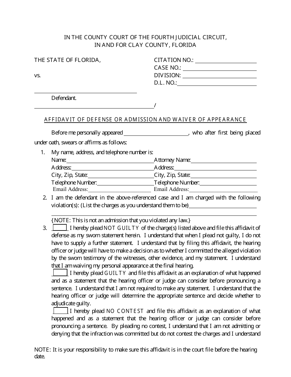 Affidavit of Defense or Admission and Waiver of Appearance - Clay County, Florida, Page 1