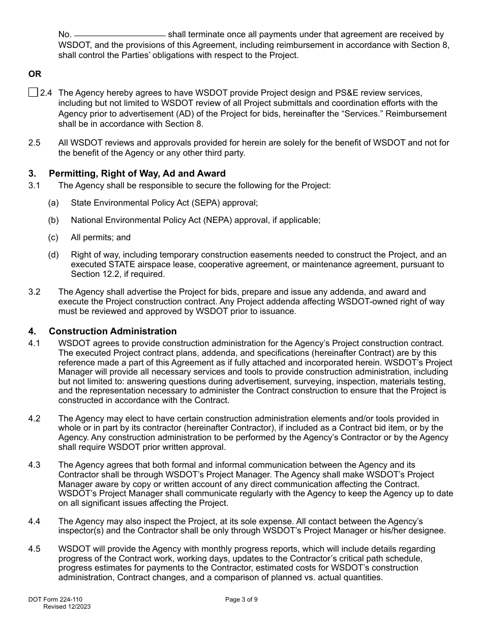 DOT Form 224-110 Wsdot Construction Administration of Agency Project Work by Wsdot - Actual Costs - Washington, Page 3