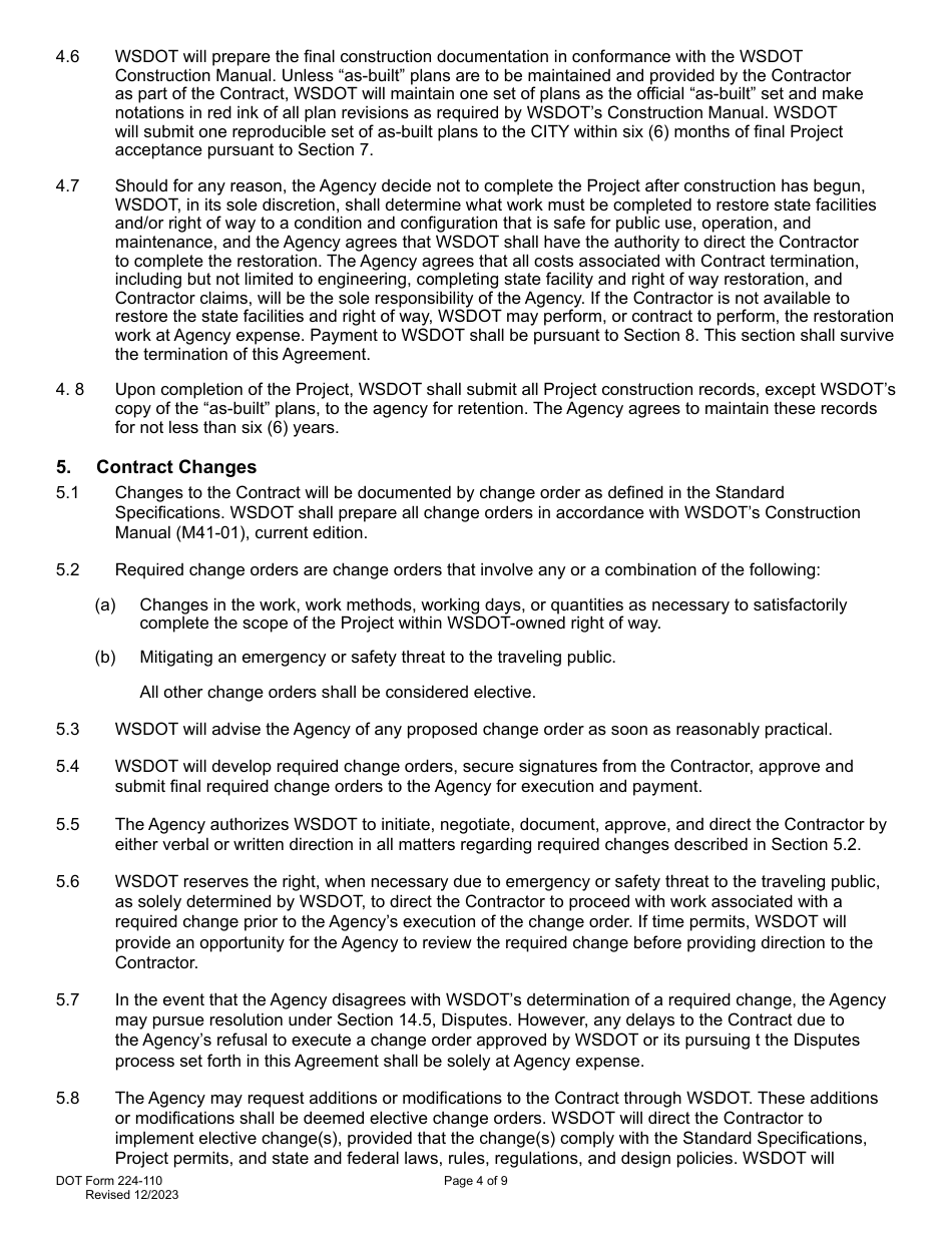 DOT Form 224-110 Wsdot Construction Administration of Agency Project Work by Wsdot - Actual Costs - Washington, Page 4