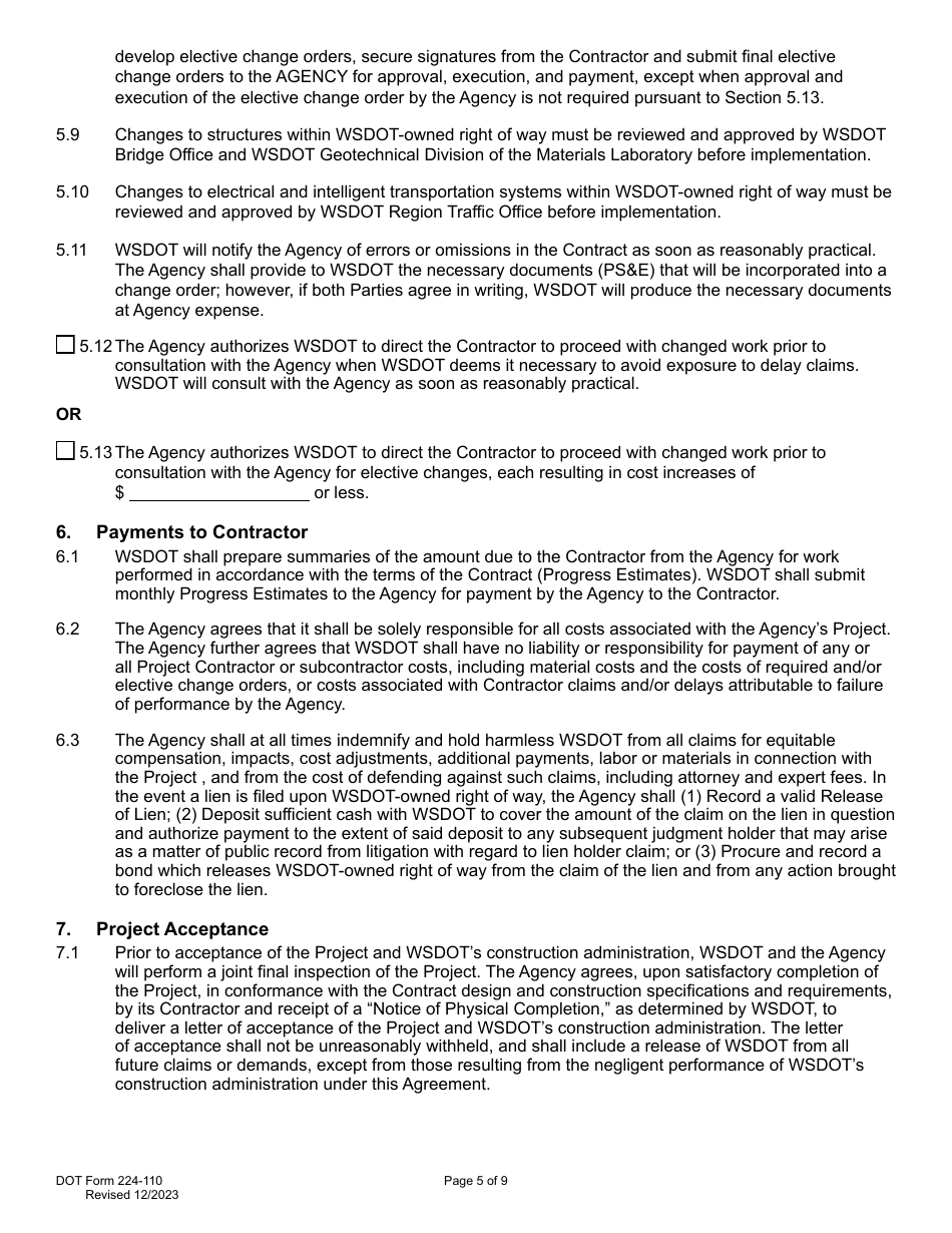 DOT Form 224-110 Wsdot Construction Administration of Agency Project Work by Wsdot - Actual Costs - Washington, Page 5