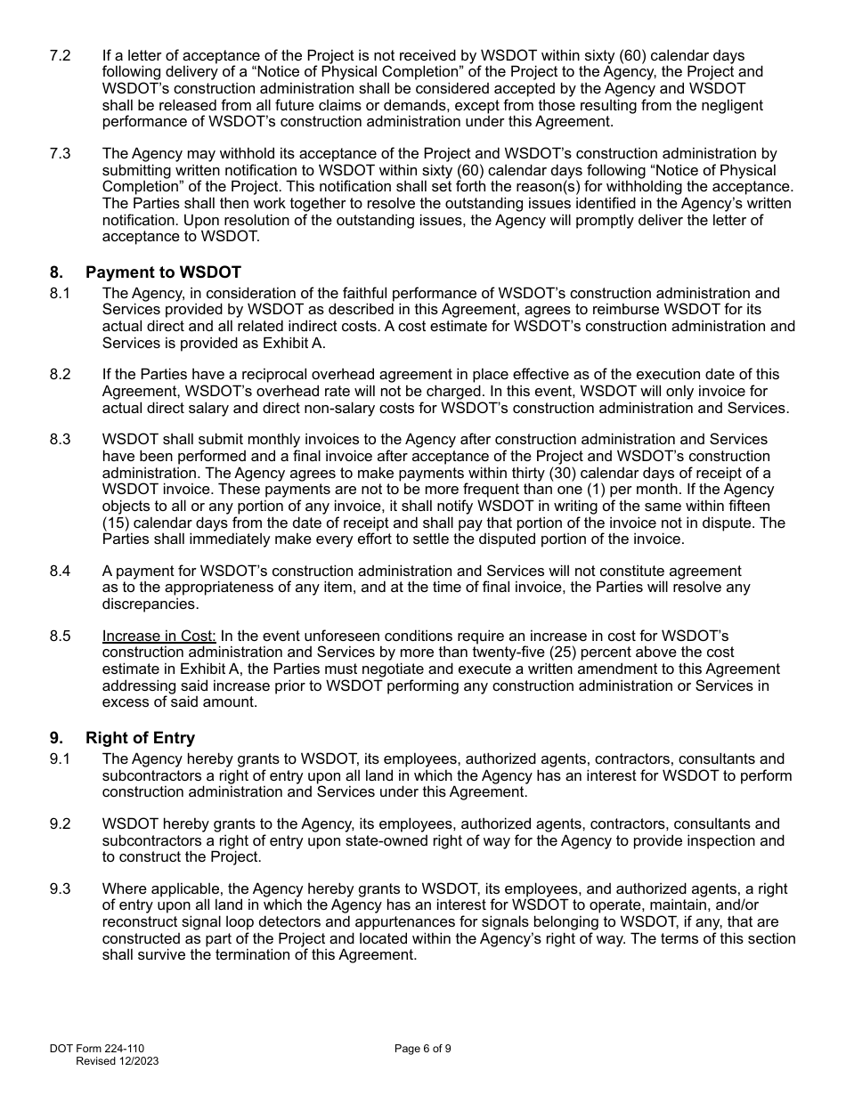 DOT Form 224-110 Wsdot Construction Administration of Agency Project Work by Wsdot - Actual Costs - Washington, Page 6