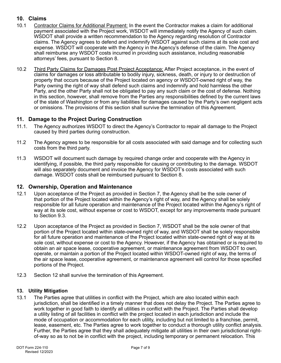 DOT Form 224-110 Wsdot Construction Administration of Agency Project Work by Wsdot - Actual Costs - Washington, Page 7