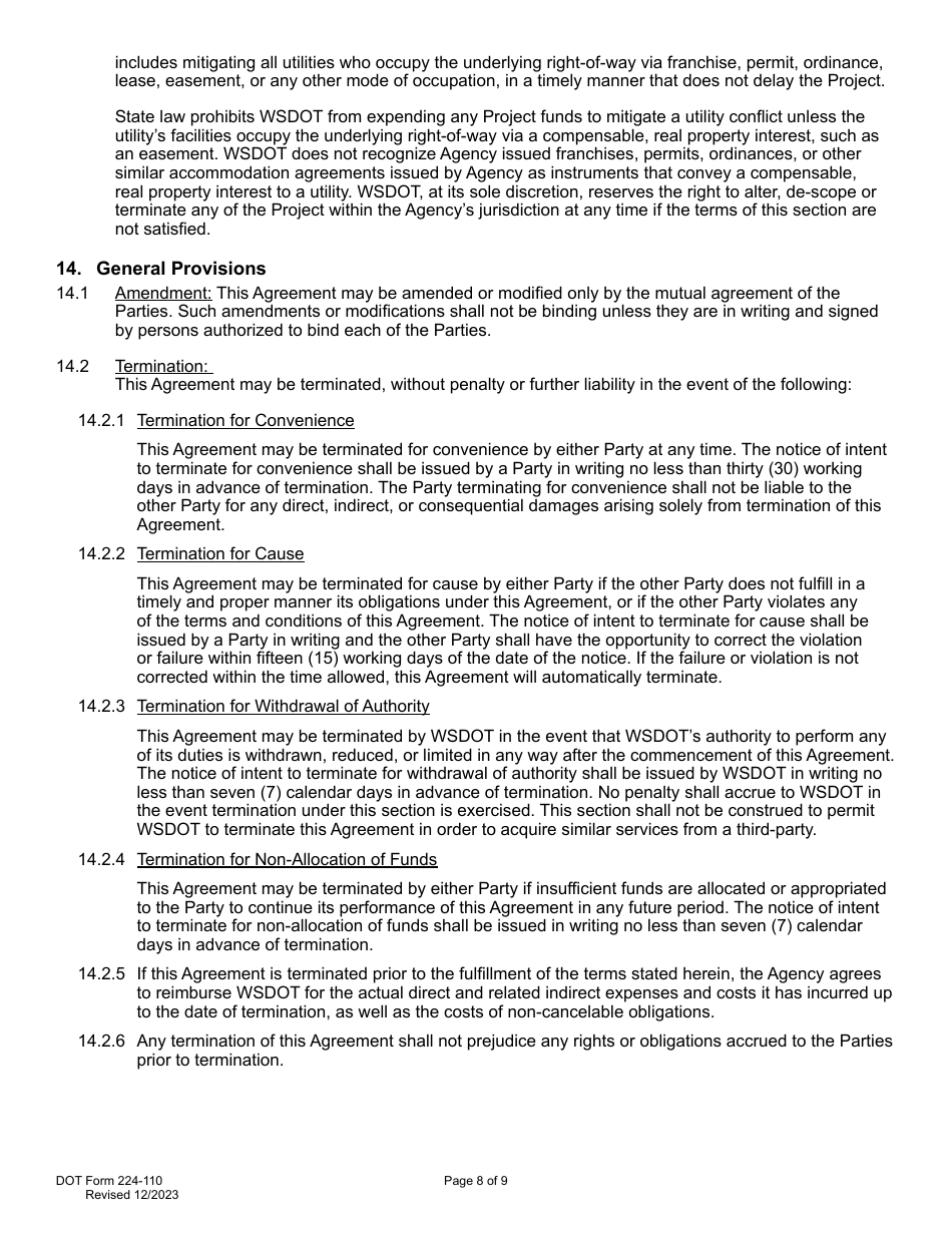 DOT Form 224-110 Wsdot Construction Administration of Agency Project Work by Wsdot - Actual Costs - Washington, Page 8
