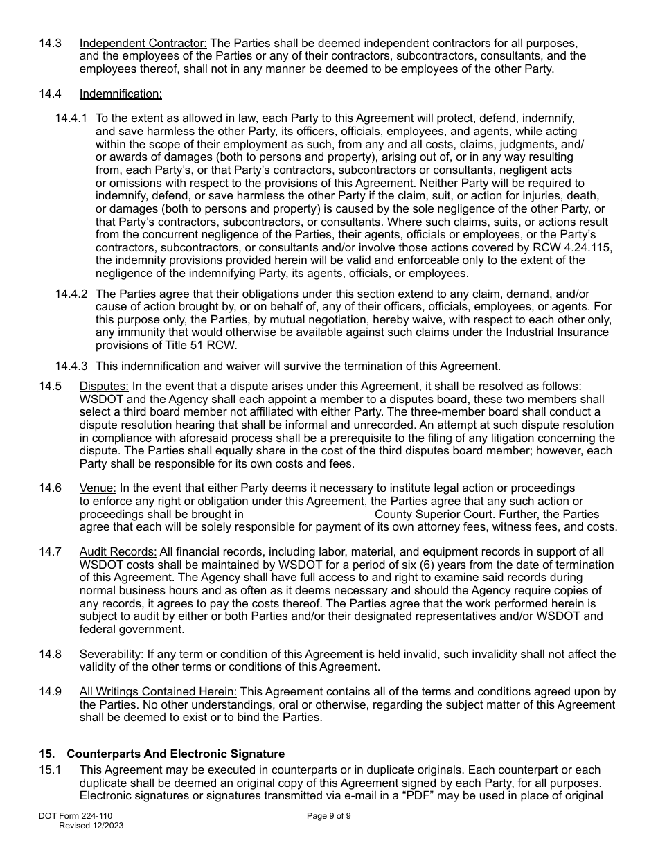 DOT Form 224-110 Wsdot Construction Administration of Agency Project Work by Wsdot - Actual Costs - Washington, Page 9