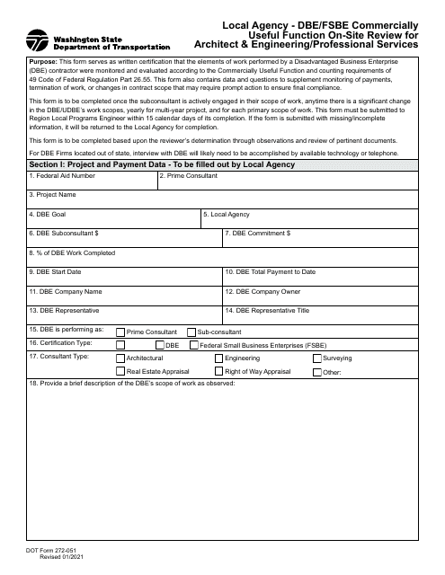 DOT Form 272-051A  Printable Pdf
