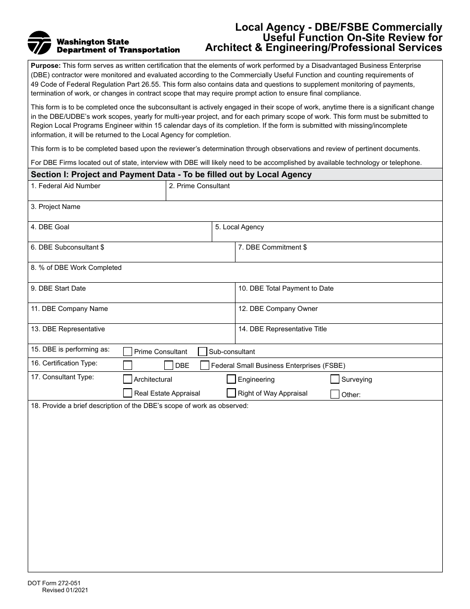 DOT Form 272-051A Local Agency - Dbe / Fsbe Commercially Useful Function on-Site Review for Architect and Engineering / Professional Services - Washington, Page 1