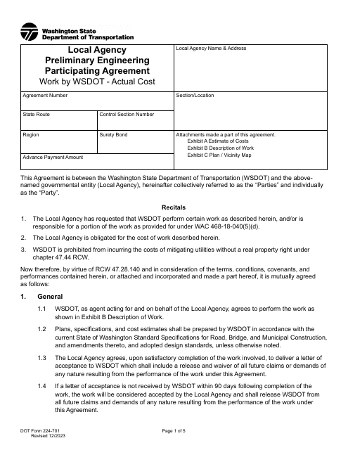 DOT Form 224-701 Local Agency Preliminary Engineering Participating Agreement - Work by Wsdot - Actual Cost - Washington
