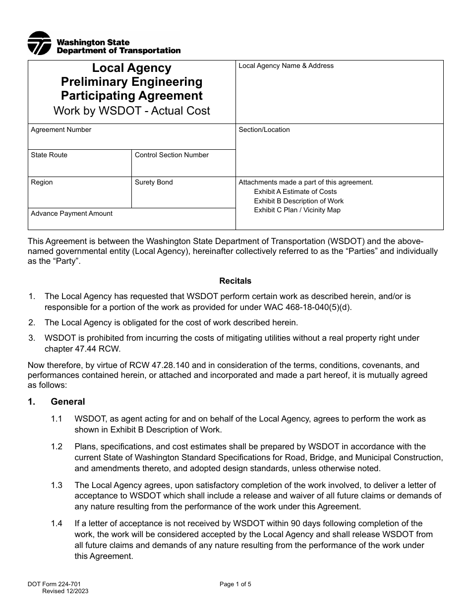 DOT Form 224-701 Local Agency Preliminary Engineering Participating Agreement - Work by Wsdot - Actual Cost - Washington, Page 1