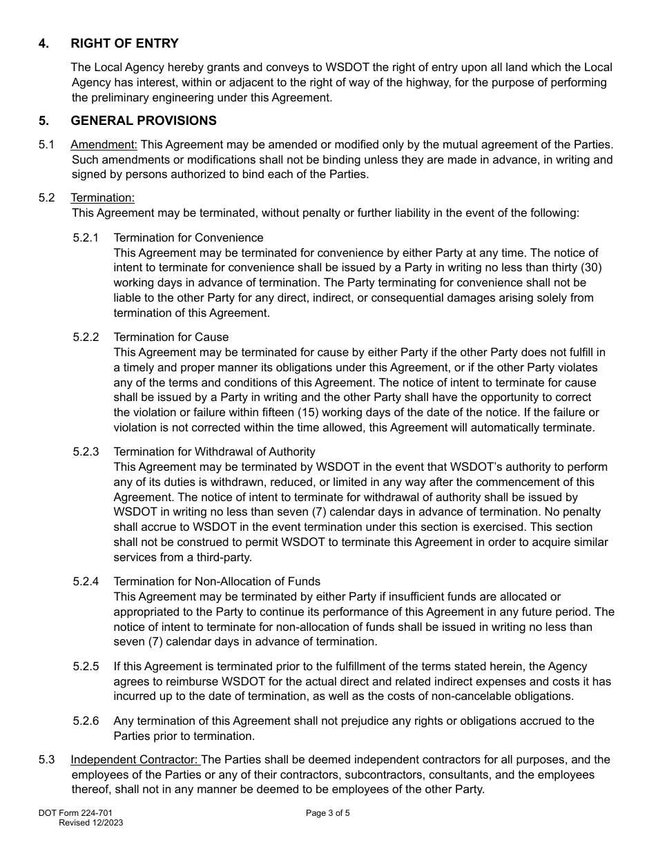 DOT Form 224-701 Local Agency Preliminary Engineering Participating Agreement - Work by Wsdot - Actual Cost - Washington, Page 3