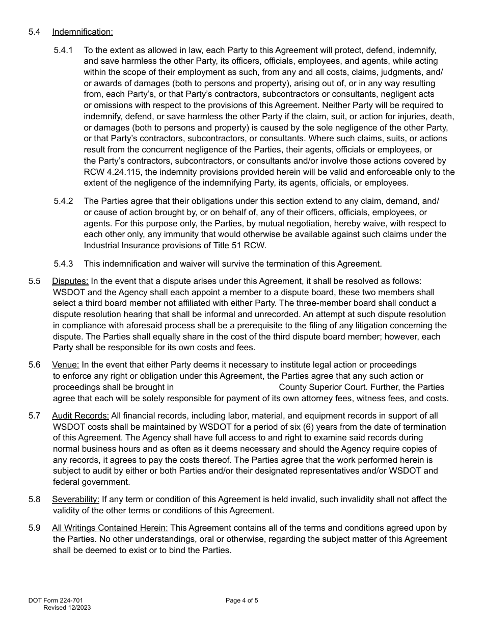 DOT Form 224-701 Local Agency Preliminary Engineering Participating Agreement - Work by Wsdot - Actual Cost - Washington, Page 4