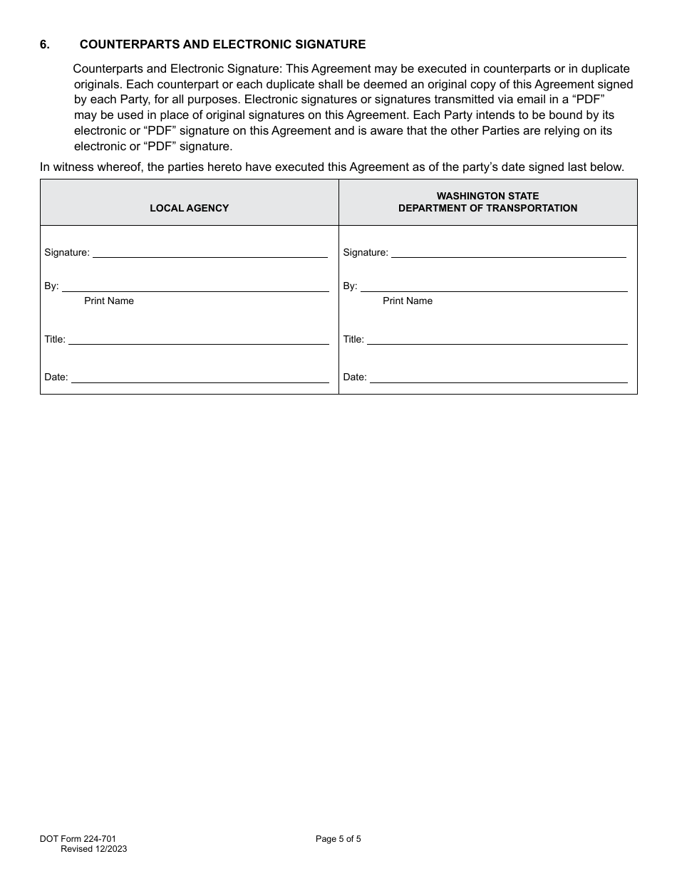 DOT Form 224-701 Local Agency Preliminary Engineering Participating Agreement - Work by Wsdot - Actual Cost - Washington, Page 5