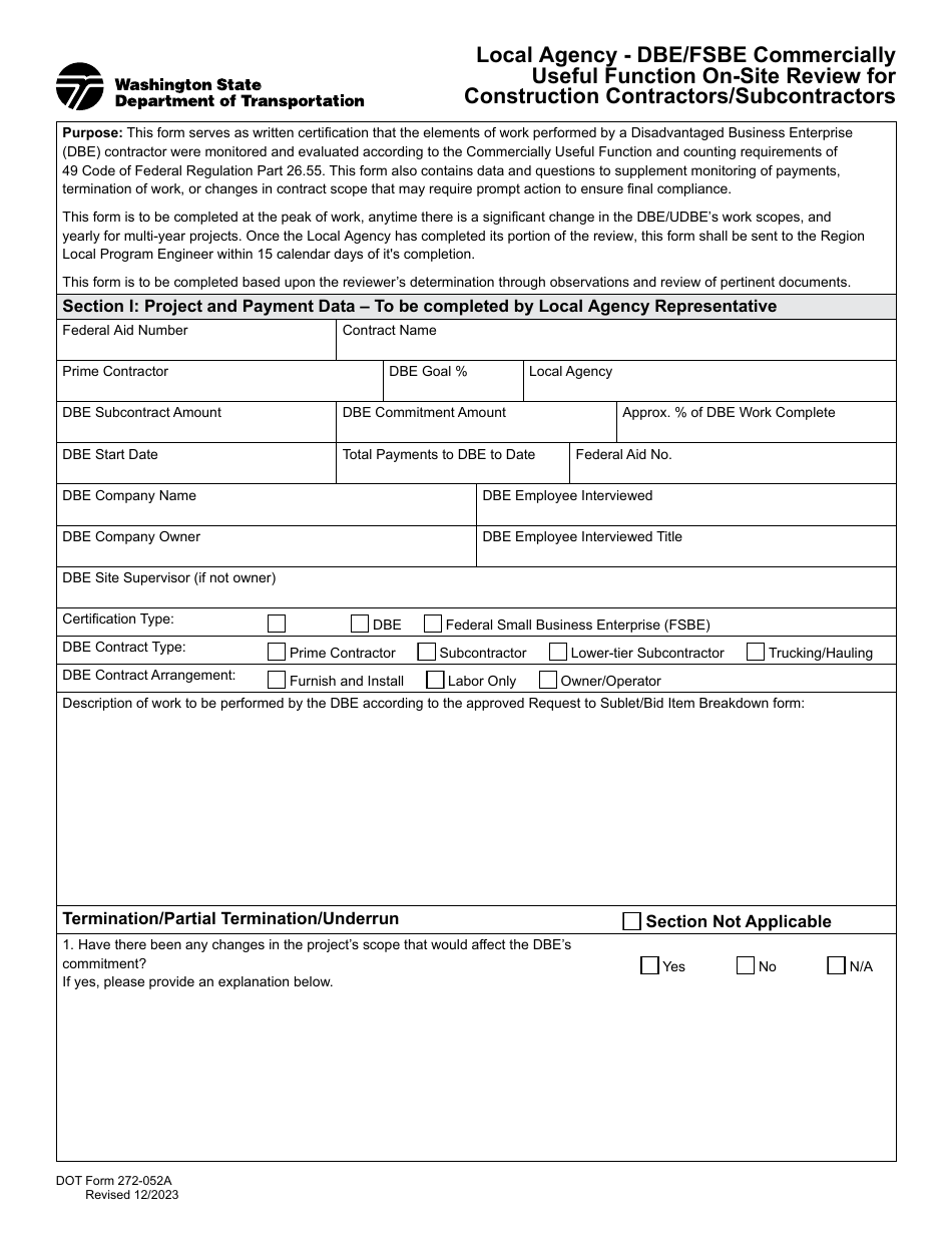 DOT Form 272-052A Local Agency - Dbe / Fsbe Commercially Useful Function on-Site Review for Construction Contractors / Subcontractors - Washington, Page 1