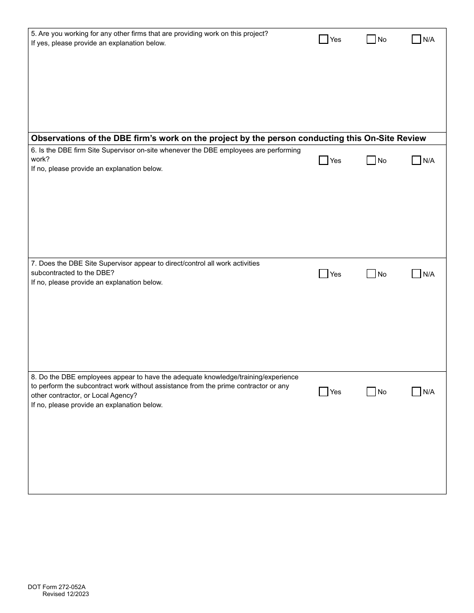 DOT Form 272-052A Local Agency - Dbe / Fsbe Commercially Useful Function on-Site Review for Construction Contractors / Subcontractors - Washington, Page 4