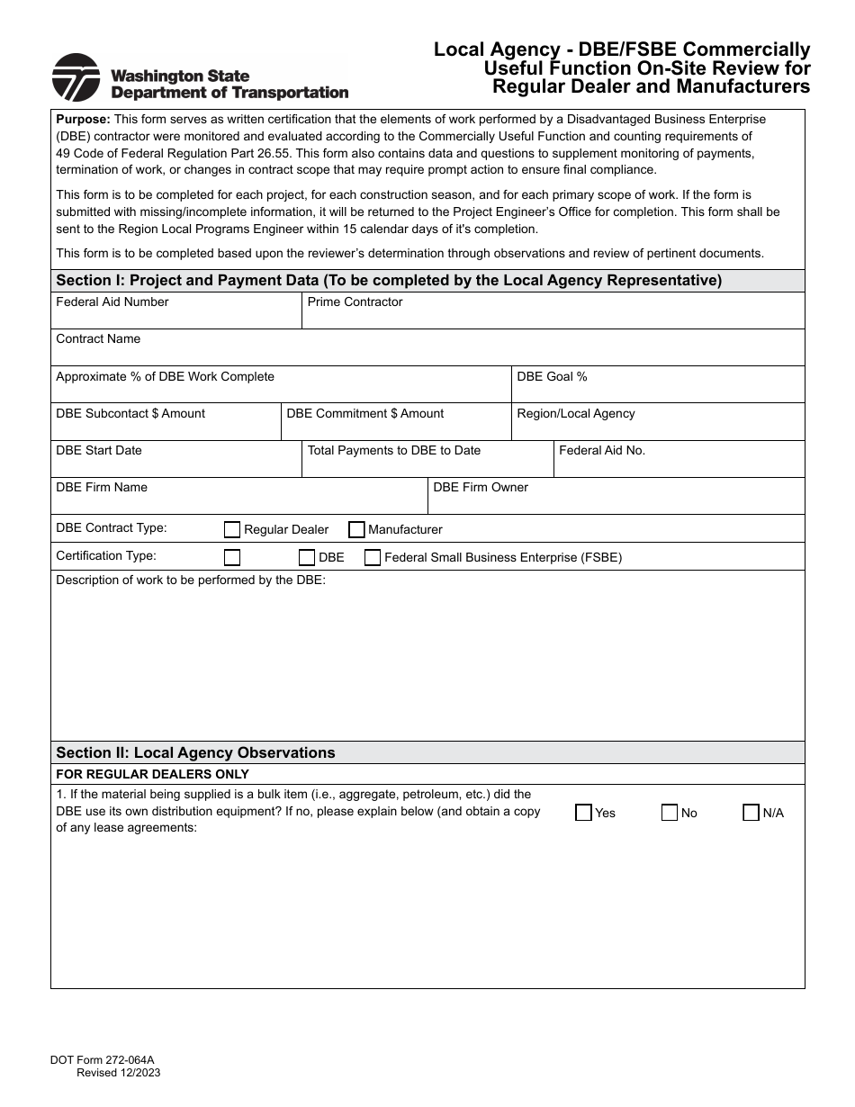 DOT Form 272-064A Local Agency - Dbe / Fsbe Commercially Useful Function on-Site Review for Regular Dealer and Manufacturers - Washington, Page 1