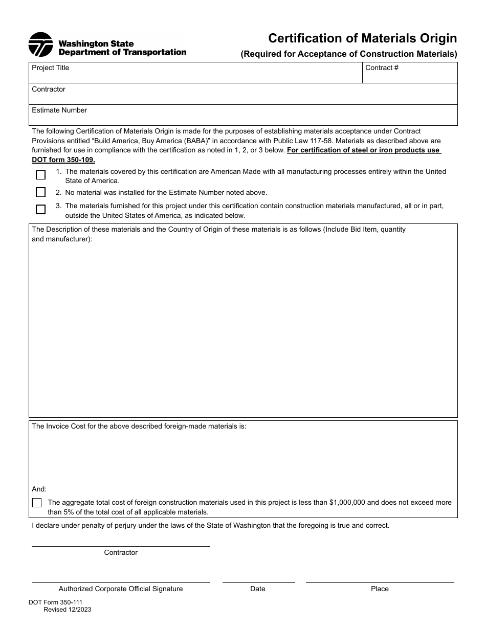 DOT Form 350-111 Certification of Materials Origin - Washington, Page 1