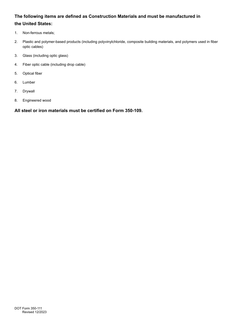 DOT Form 350-111 Certification of Materials Origin - Washington, Page 2