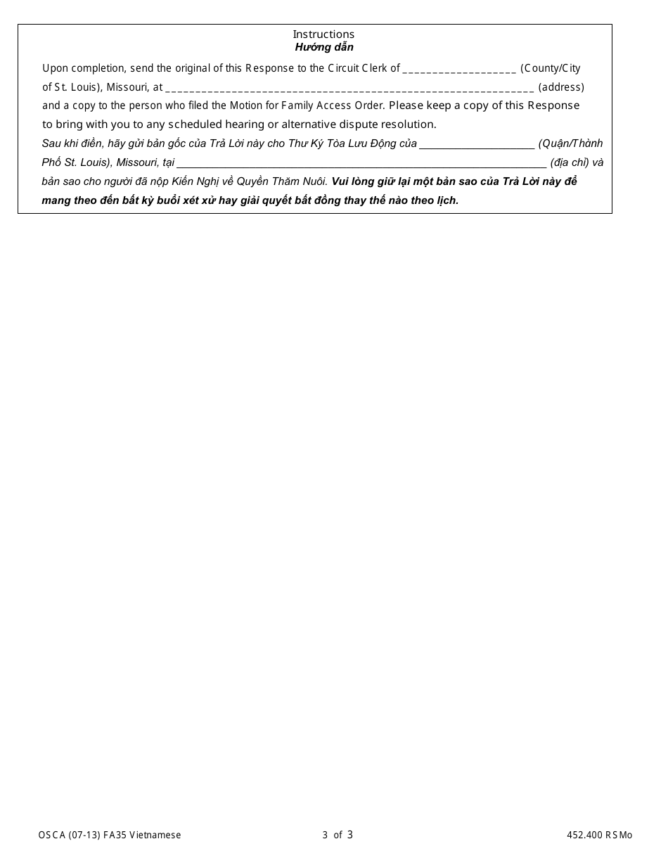 Form FA35 Response to Motion for Family Access Order - Missouri (English / Vietnamese), Page 3