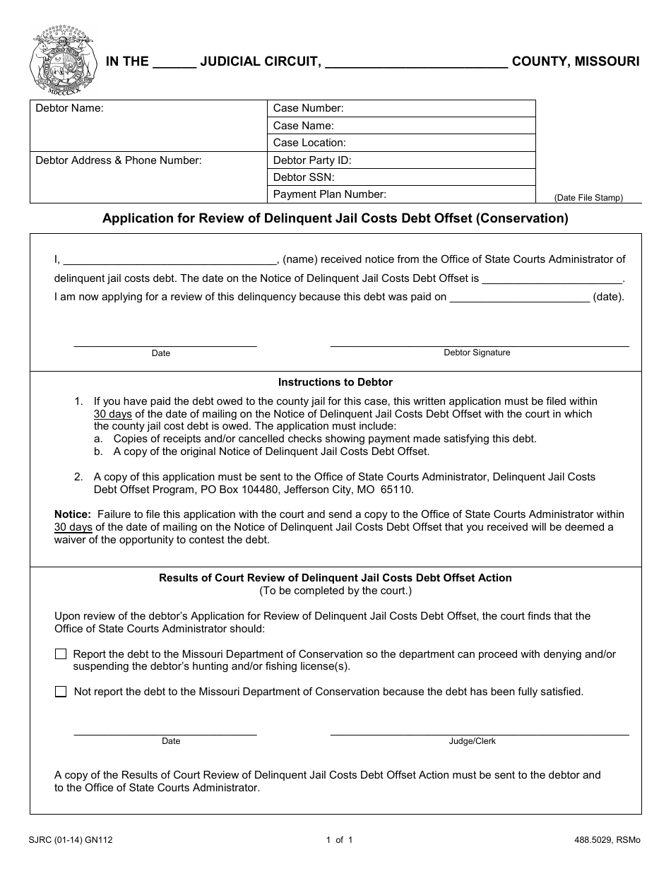 Form GN112 Application for Review of Delinquent Jail Costs Debt Offset (Conservation) - Missouri, Page 1