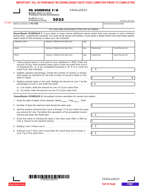 Form PA-1000 Schedule F/G Multiple Owner or Lessor Prorations/Income Annualization - Pennsylvania, 2023
