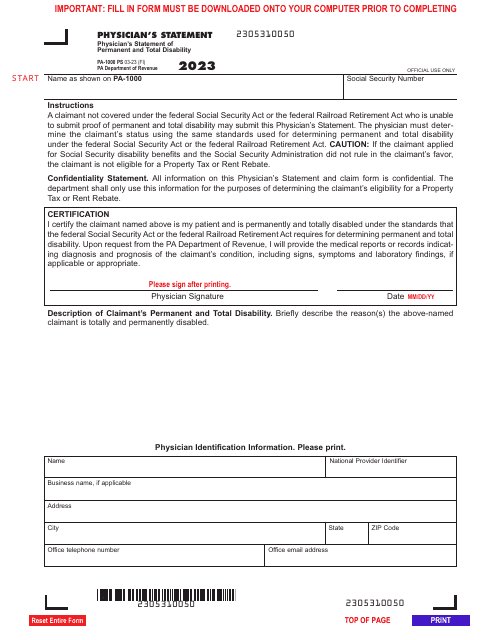 Form PA-1000 PS Physician's Statement of Permanent and Total Disability - Pennsylvania, 2023