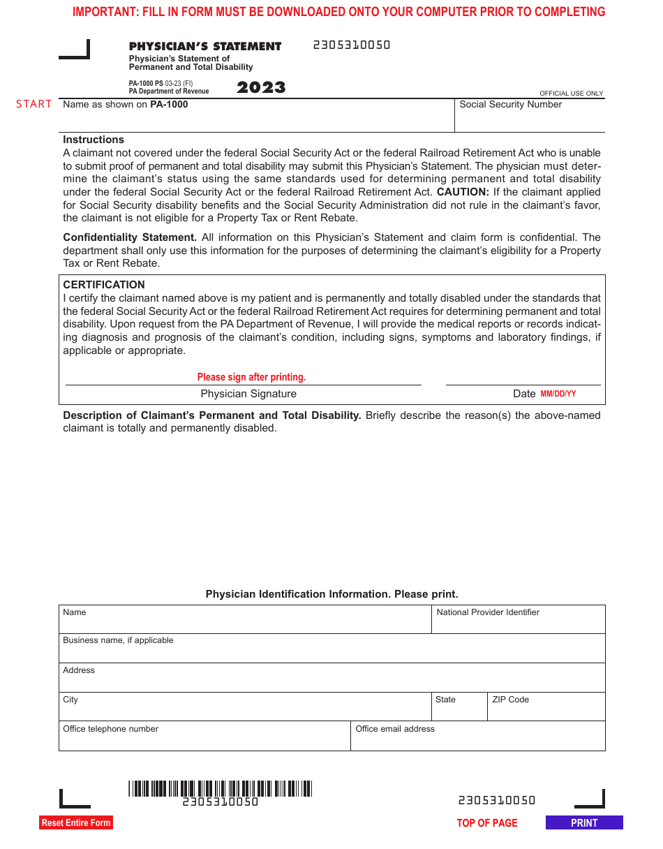 Form PA-1000 PS Physicians Statement of Permanent and Total Disability - Pennsylvania, Page 1