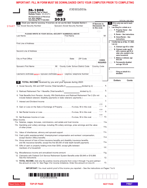 Form PA-1000 Property Tax or Rent Rebate Claim - Pennsylvania, 2023