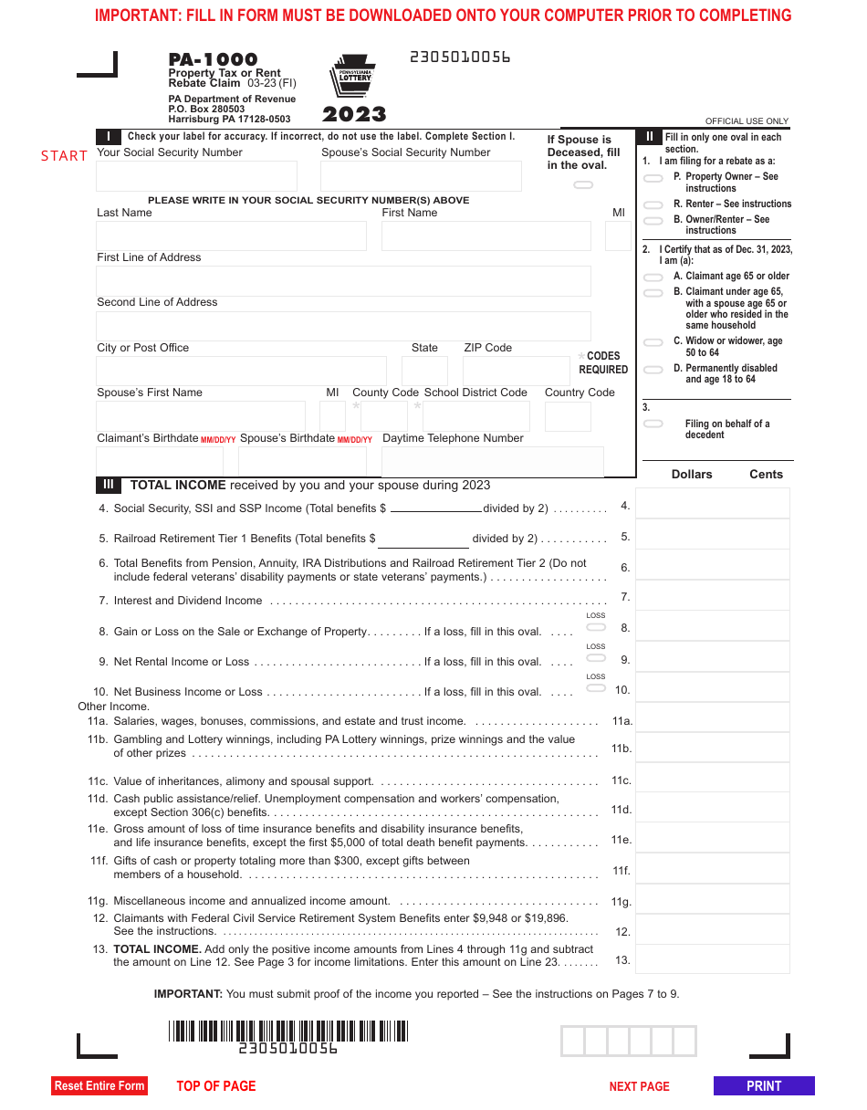 Form PA1000 Download Fillable PDF or Fill Online Property Tax or Rent