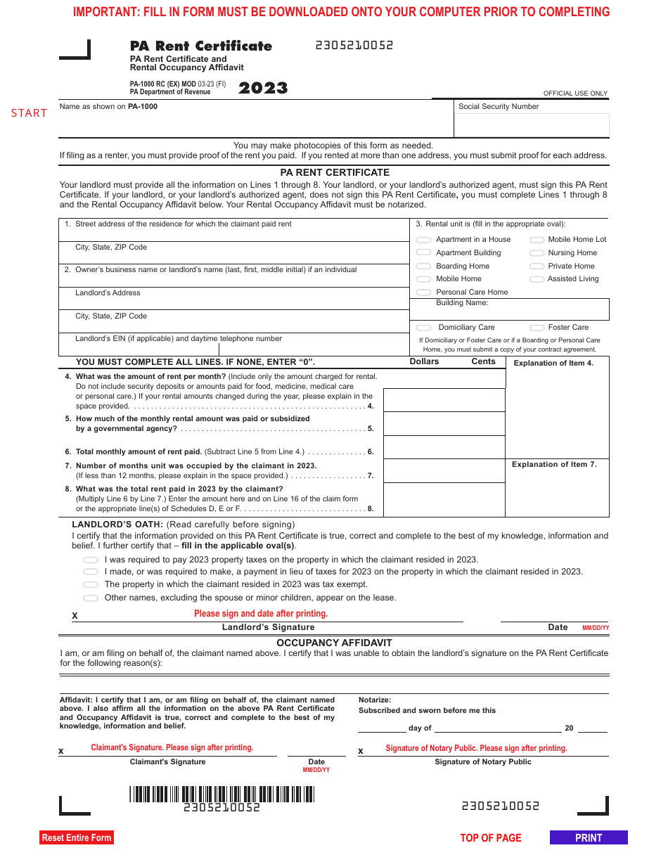 Form PA-1000 Pa Rent Certificate and Rental Occupancy Affidavit - Pennsylvania, Page 1