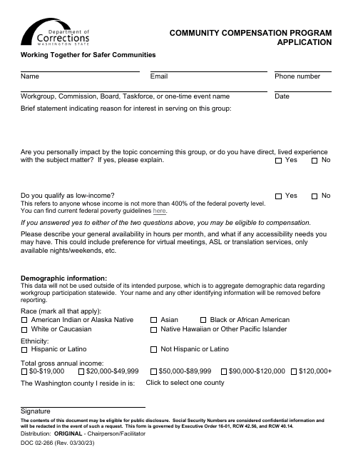 Form DOC02-266 Community Compensation Program Application - Washington