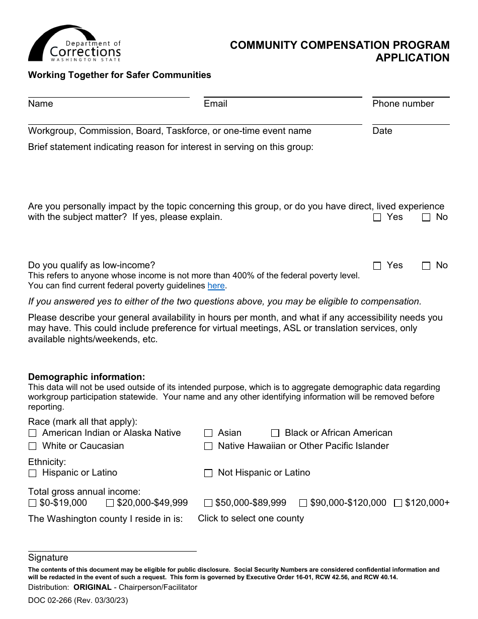 Form DOC02-266 Community Compensation Program Application - Washington, Page 1