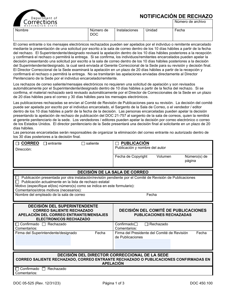 Formulario DOC05-525S Notificacion De Rechazo - Washington (Spanish), Page 1