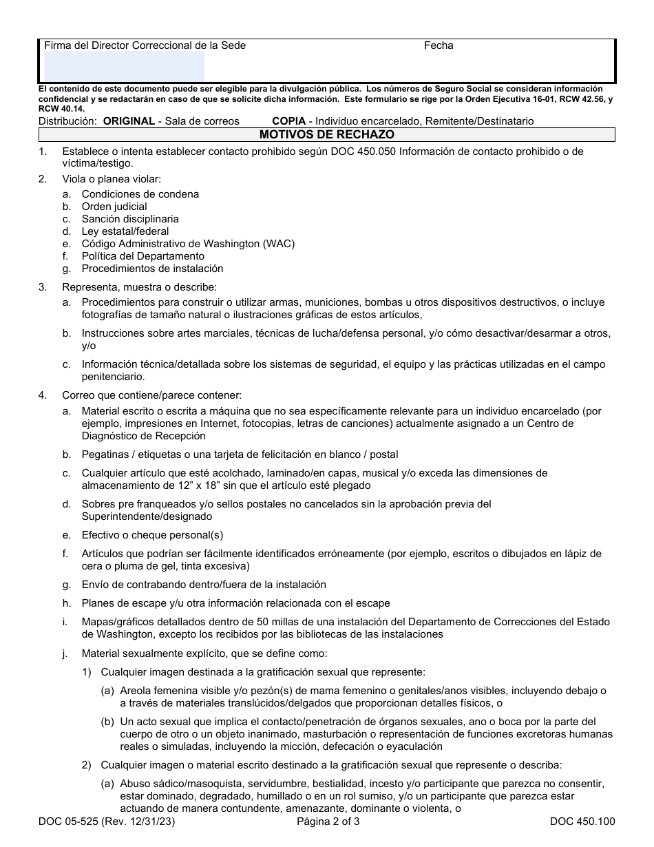 Formulario DOC05-525S Notificacion De Rechazo - Washington (Spanish), Page 2