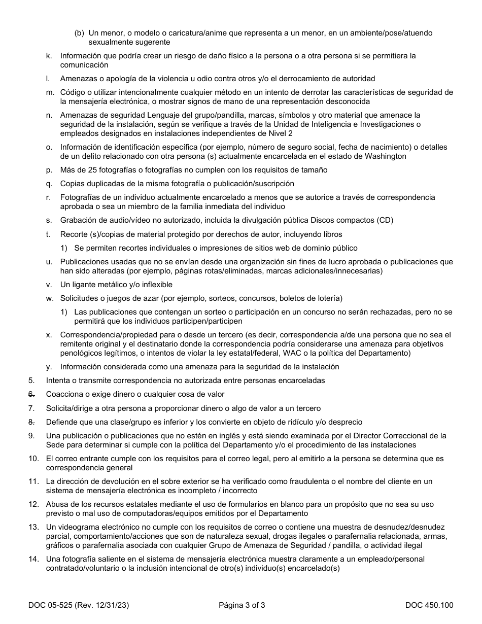 Formulario DOC05-525S Notificacion De Rechazo - Washington (Spanish), Page 3