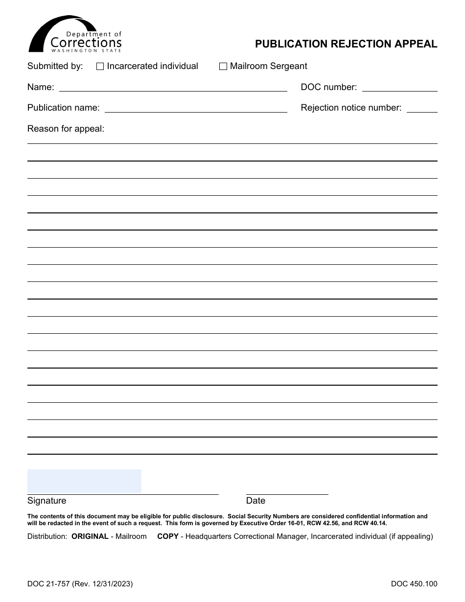 Form DOC21-757 Publication Rejection Appeal - Washington, Page 1