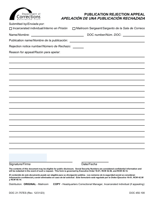 Form DOC21-757ES Publication Rejection Appeal - Washington (English/Spanish)